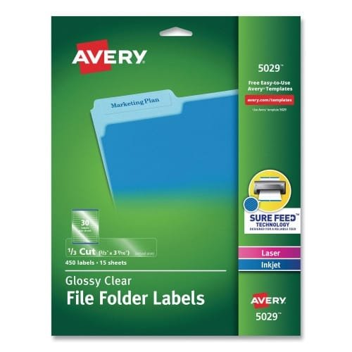 Avery Clear Permanent File Folder Labels with Sure Feed Technology, 0.66 x 3.44, Clear, 30Sheet, 15 SheetsPack (AVE5029)