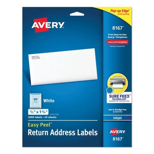 Avery Easy Peel White Address Labels w Sure Feed Technology, Inkjet Printers, 0.5 x 1.75, White, 80Sheet, 25 SheetsPack (AVE8167)