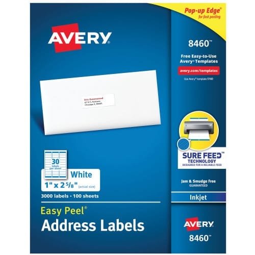 Avery Easy Peel White Address Labels w Sure Feed Technology, Inkjet Printers, 1 x 2.63, White, 30Sheet, 100 SheetsBox (AVE8460)