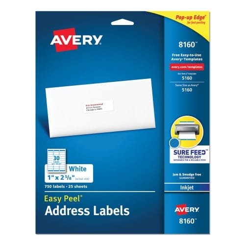 Avery Easy Peel White Address Labels w Sure Feed Technology, Inkjet Printers, 1 x 2.63, White, 30Sheet, 25 SheetsPack (AVE8160)