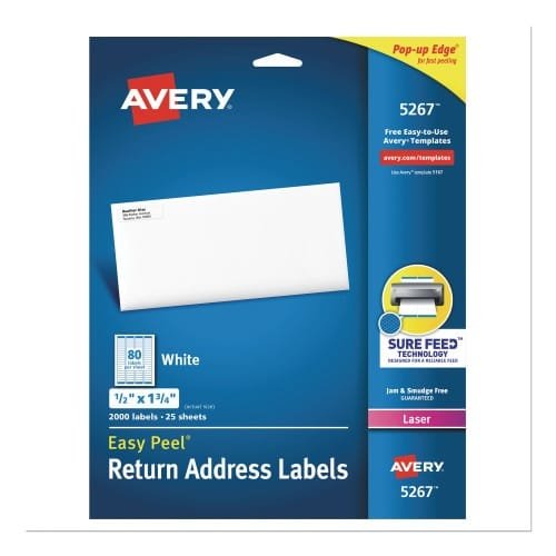 Avery Easy Peel White Address Labels w Sure Feed Technology, Laser Printers, 0.5 x 1.75, White, 80Sheet, 25 SheetsPack (AVE5267)