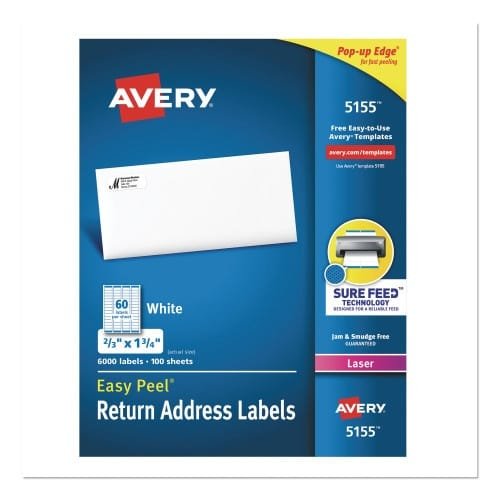 Avery Easy Peel White Address Labels w Sure Feed Technology, Laser Printers, 0.66 x 1.75, White, 60Sheet, 100 SheetsPack (AVE5155)