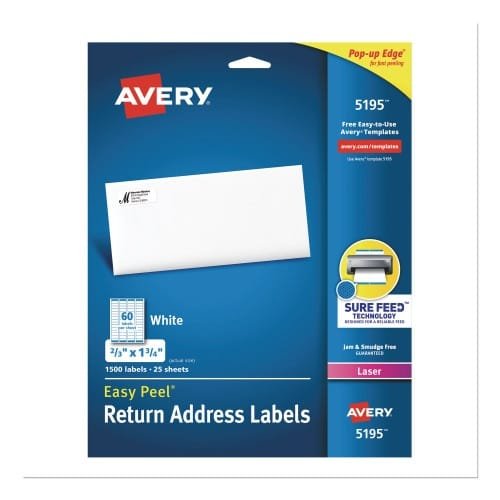 Avery Easy Peel White Address Labels w Sure Feed Technology, Laser Printers, 0.66 x 1.75, White, 60Sheet, 25 SheetsPack (AVE5195)