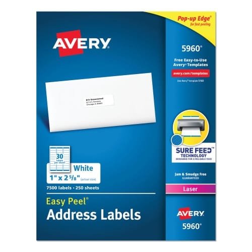 Avery Easy Peel White Address Labels w Sure Feed Technology, Laser Printers, 1 x 2.63, White, 30Sheet, 250 SheetsPack (AVE5960)