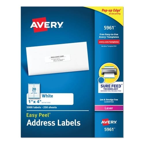 Avery Easy Peel White Address Labels w Sure Feed Technology, Laser Printers, 1 x 4, White, 20Sheet, 250 SheetsBox (AVE5961)