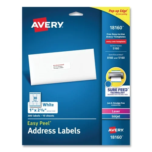 Avery Easy Peel White Address Labels with Sure Feed Technology, Inkjet Printers, 1 x 2.63, White, 30Sheet, 10 SheetsPack (AVE18160)