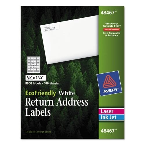 Avery EcoFriendly Mailing Labels, InkjetLaser Printers, 0.5 x 1.75, White, 80Sheet, 100 SheetsPack (AVE48467)