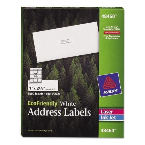 Avery EcoFriendly Mailing Labels, InkjetLaser Printers, 1 x 2.63, White, 30Sheet, 100 SheetsPack (AVE48460) (2)