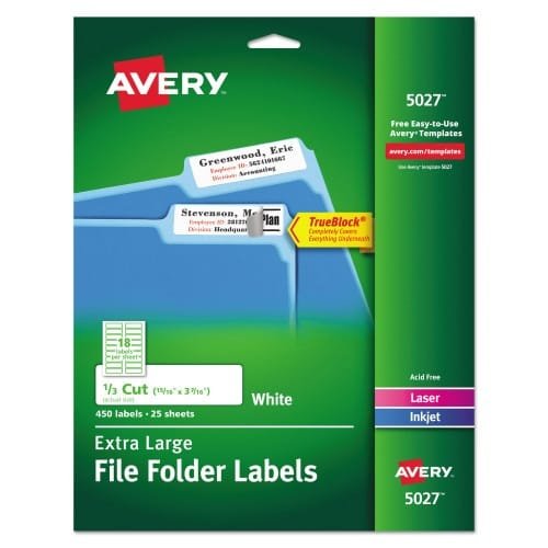 Avery Extra-Large TrueBlock File Folder Labels with Sure Feed Technology, 0.94 x 3.44, White, 18Sheet, 25 SheetsPack (AVE5027) (7)