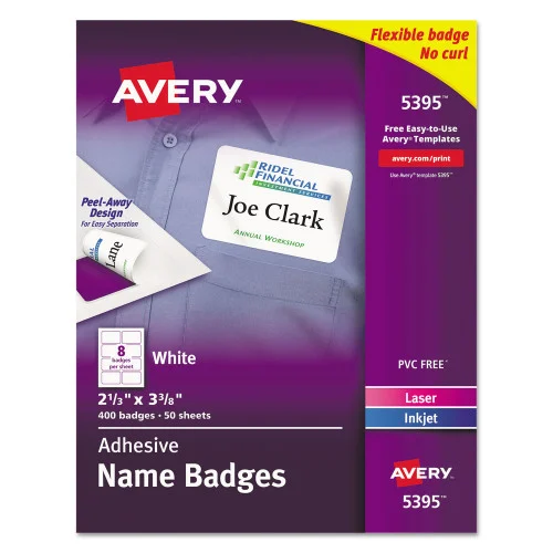 Avery Flexible Adhesive Name Badge Labels, 3.38 x 2.33, White, 400Box (AVE5395)