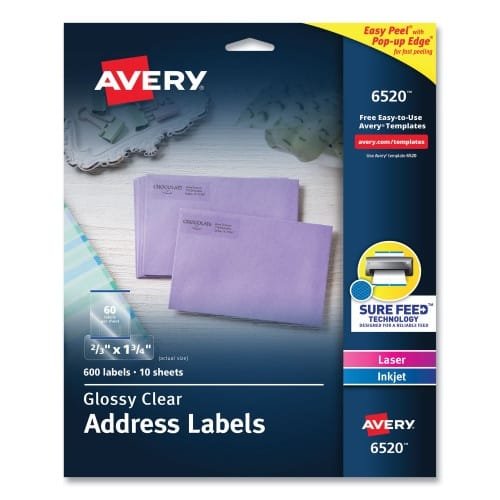 Avery Glossy Clear Easy Peel Mailing Labels w Sure Feed Technology, InkjetLaser Printers, 0.66 x 1.75, 60Sheet, 10 SheetsPK (AVE6520)