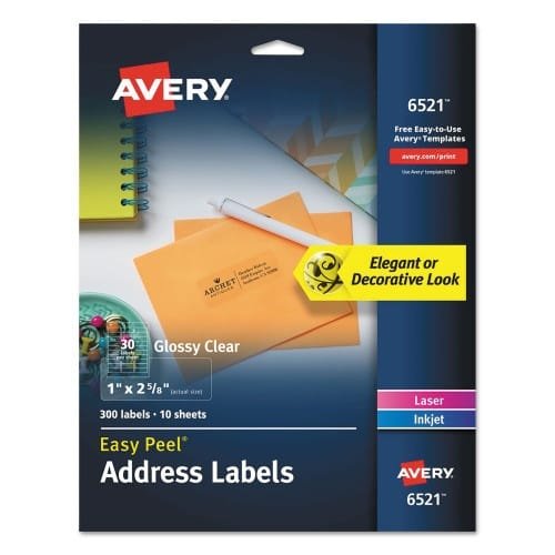 Avery Glossy Clear Easy Peel Mailing Labels w Sure Feed Technology, InkjetLaser Printers, 1 x 2.63, 30Sheet, 10 SheetsPack (AVE6521) (3)