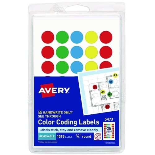 Avery Handwrite-Only Self-Adhesive See Through Removable Round Color Dots, 0.75 dia, Assorted, 35Sheet, 29 SheetsPack, (AVE05473)