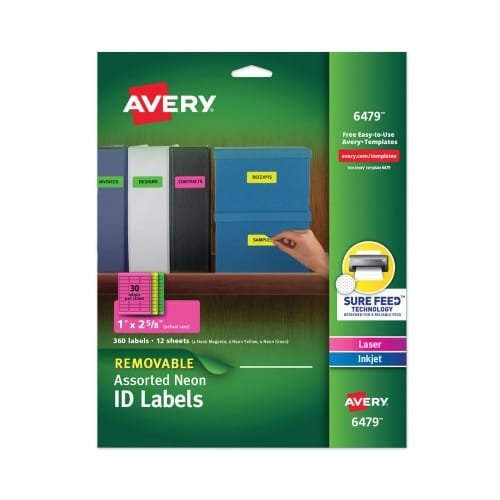 Avery High-Vis Removable LaserInkjet ID Labels w Sure Feed, 1 x 2.63, Neon, 360PK (AVE6479) (4)