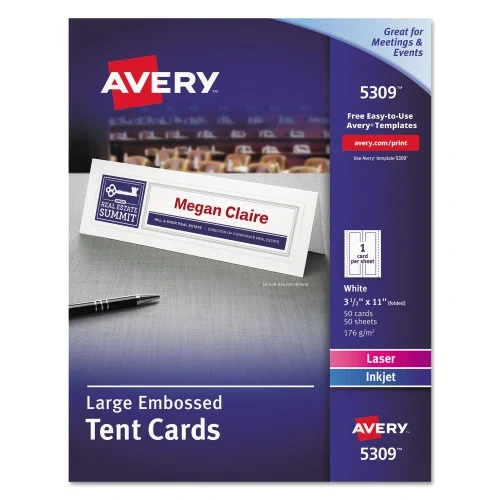 Avery Large Embossed Tent Card, White, 11, x 3.5, 1 CardSheet, 50 SheetsBox (AVE5309)