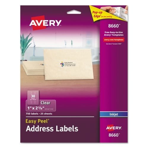 Avery Matte Clear Easy Peel Mailing Labels w Sure Feed Technology, Inkjet Printers, 1 x 2.63, Clear, 30Sheet, 25 SheetsPack (AVE8660)