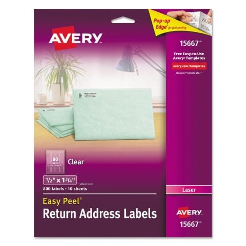 Avery Matte Clear Easy Peel Mailing Labels w Sure Feed Technology, Laser Printers, 0.5 x 1.75, Clear, 80Sheet, 10 SheetsPack (AVE15667)