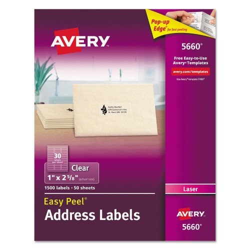 Avery Matte Clear Easy Peel Mailing Labels w Sure Feed Technology, Laser Printers, 1 x 2.63, Clear, 30Sheet, 50 SheetsBox (AVE5660) (5)