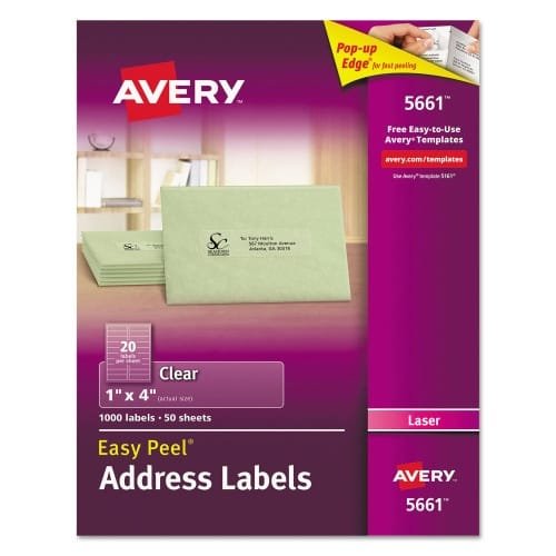 Avery Matte Clear Easy Peel Mailing Labels w Sure Feed Technology, Laser Printers, 1 x 4, Clear, 20Sheet, 50 SheetsBox (AVE5661) (5)