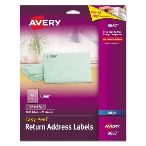 Avery Matte Clear Easy Peel Mailing Labels with Sure Feed Technology, Inkjet Printers, 0.5 x 1.75, Clear, 80Sheet, 25 SheetsPack (AVE8667)