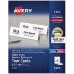 Avery Medium Embossed Tent Cards, White, Uncoated - perforated, 2.5 x 8.5, 2 Cards/Sheet, 50 Sheets/Box (AVE5305)