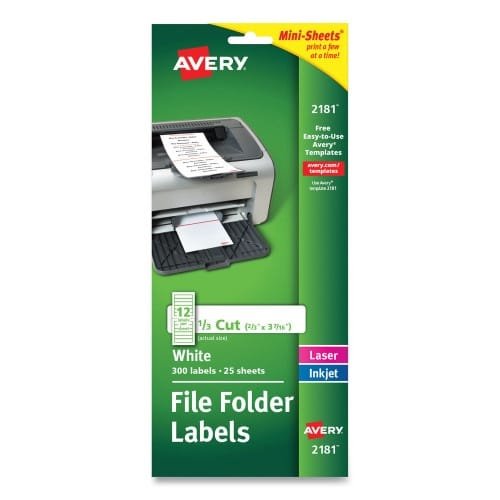 Avery Mini-Sheets Permanent File Folder Labels, 0.66 x 3.44, White, 12Sheet, 25 SheetsPack (AVE2181)