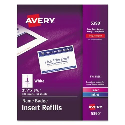 Avery Name Badge Insert Refills, HorizontalVertical, 2 14 x 3 12, White, 400Box (AVE5390) (3)