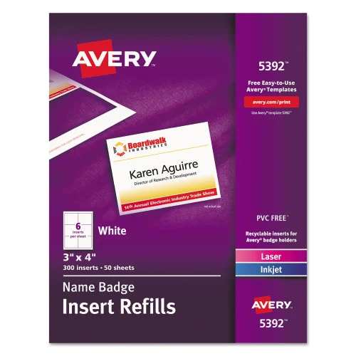 Avery Name Badge Insert Refills, HorizontalVertical, 3 x 4, White, 300Box (AVE5392)