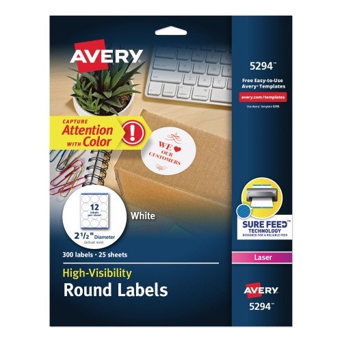 Avery Permanent Laser Print-to-the-Edge ID Labels wSureFeed, 2 12dia, White, 300PK (AVE5294)