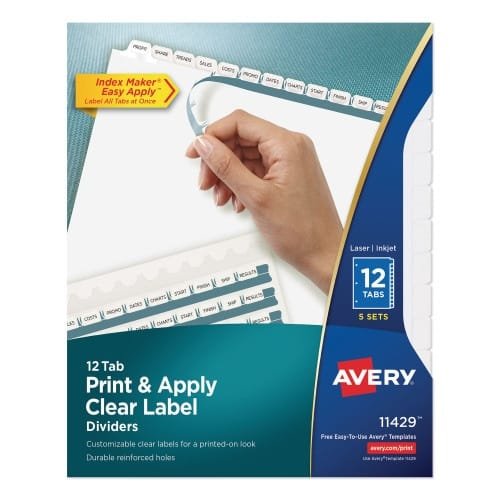 Avery Print and Apply Index Maker Clear Label Dividers, 12-Tab, White Tabs, 11 x 8.5, 5 Sets (AVE11429)