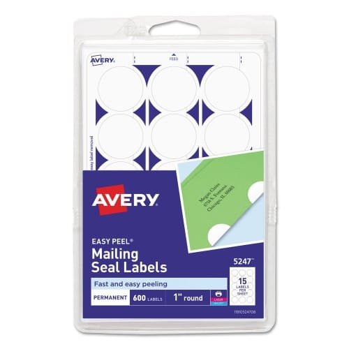 Avery Printable Mailing Seals, 1 dia, White, 15Sheet, 40 SheetsPack, (AVE05247)