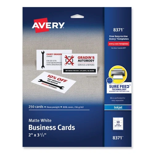 Avery Printable Microperforated Business Cards wSure Feed Technology, Inkjet, 2 x 3.5, White, 250 Cards, 10Sheet, 25 SheetsPack (AVE8371)