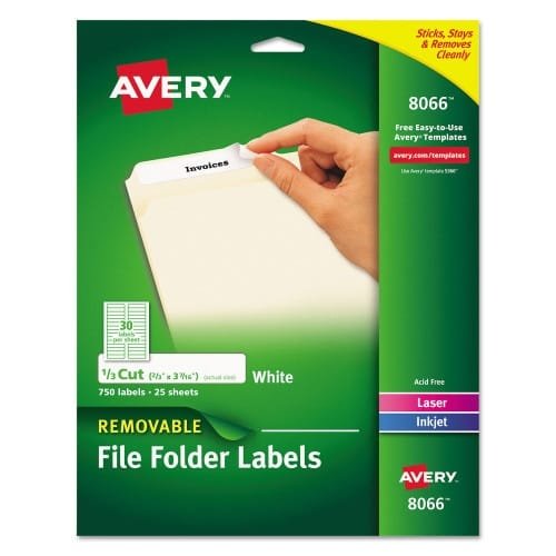 Avery Removable File Folder Labels with Sure Feed Technology, 0.66 x 3.44, White, 30Sheet, 25 SheetsPack (AVE8066)