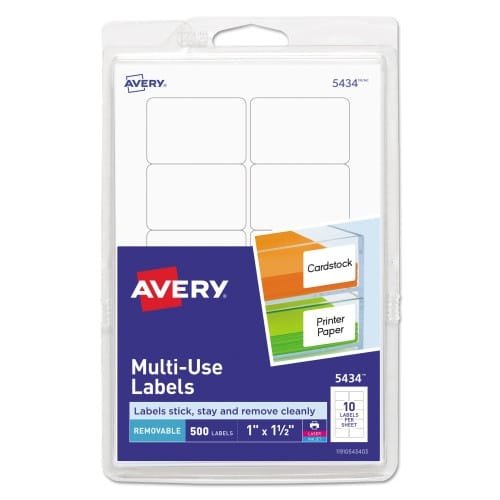 Avery Removable Multi-Use Labels, InkjetLaser Printers, 1 x 1.5, White, 10Sheet, 50 SheetsPack, (AVE05434) (6)