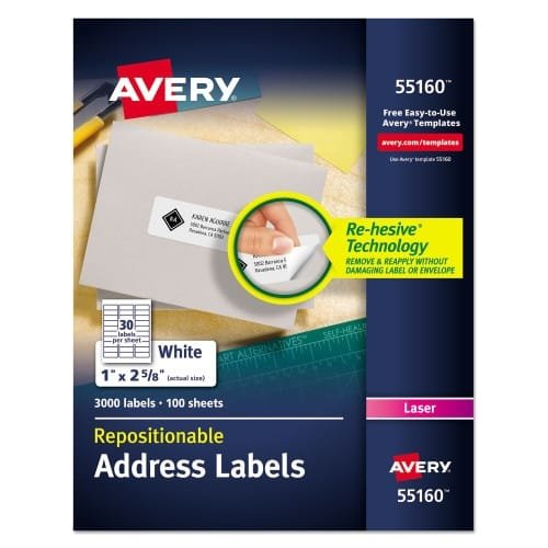 Avery Repositionable Address Labels wSureFeed, Laser, 1 x 2.63, White, 3000Box (AVE55160) (3)