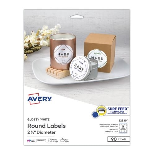 Avery Round Print-to-the Edge Labels with SureFeed, 2.5 dia, Glossy White, 90PK (AVE22830) (3)