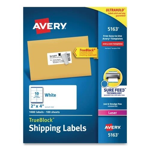 Avery Shipping Labels w TrueBlock Technology, Laser Printers, 2 x 4, White, 10Sheet, 100 SheetsBox (AVE5163) (2)