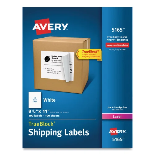 Avery Shipping Labels with TrueBlock Technology, Laser Printers, 8.5 x 11, White, 100Box (AVE5165)