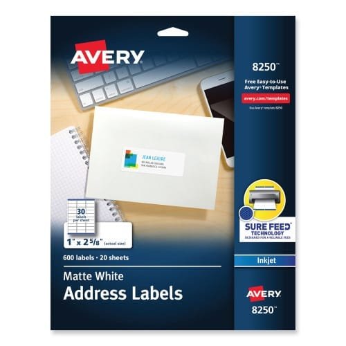 Avery Vibrant Inkjet Color-Print Labels w Sure Feed, 1 x 2.63, Matte White, 600PK (AVE8250)