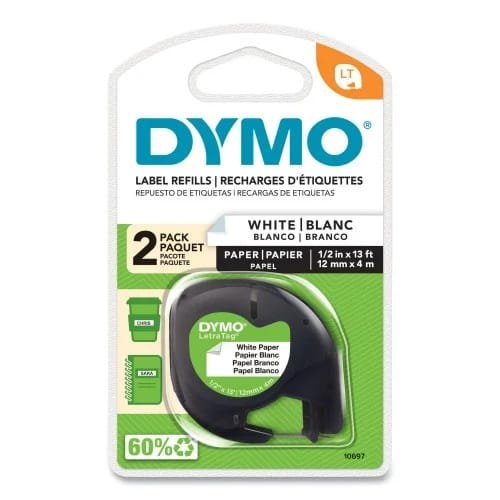 DYMO LetraTag Paper Label Tape Cassettes, 0.5 x 13 ft, White, 2Pack (DYM10697)