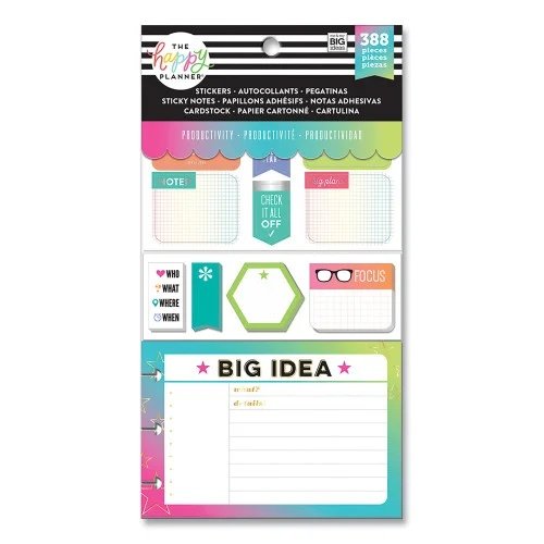 The Happy Planner Productivity Multi Accessory Pack, 20 Double-Sided Pre-Punched Cards, 20 Half-Sheet Stickers, 3 Sticky Note Pads (THLPLMP02)