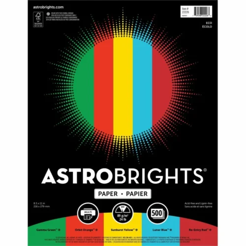 Astrobrights Color Paper (WAU22226) is a planet-friendly set of bright papers in colors like blue, green, red, orange, and yellow. Use it to make eye-catching posters, flyers, or signs. The 24 lb paper is thick and works with all printers, copiers, or inkjet machines. It is safe for long-term use (acid-free) and comes with 500 sheets per pack. Perfect for bold, colorful projects!