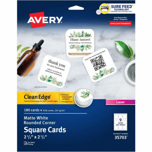 Avery Square Clean Edge Cards with Sure Feed Technology, Laser, 2.5 x 2.5, White, 180 Cards, 9 Cards/Sheet, 20 Sheets/Pack (AVE35703)