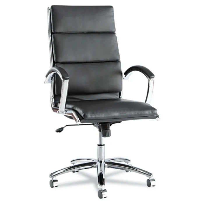The Alera Neratoli High-Back Slim Profile Chair (ALENR4119) offers stylish and comfortable seating. It features a slim design with cushioned support and padded arm caps. The waterfall seat helps reduce pressure on the legs for better circulation. The sturdy five-star base with casters allows easy movement. Made of stain-resistant faux leather in black with a chrome frame, it supports up to 275 lbs. Adjustable seat height from 17.32" to 21.25".