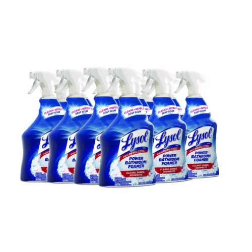 Lysol Disinfectant Bathroom Foamer is a spray cleaner. It kills 99.9% of germs (like viruses and bacteria) while cutting through tough soap scum, lime scale, and grime with minimal scrubbing. Its foaming formula works on showers, tubs, sinks, tiles, and chrome fixtures, leaving surfaces shiny and smelling fresh (Atlantic Fresh scent). The 32 oz spray bottle is safe for ceramics, fiberglass, metal, and more. Sold in a carton of 12.