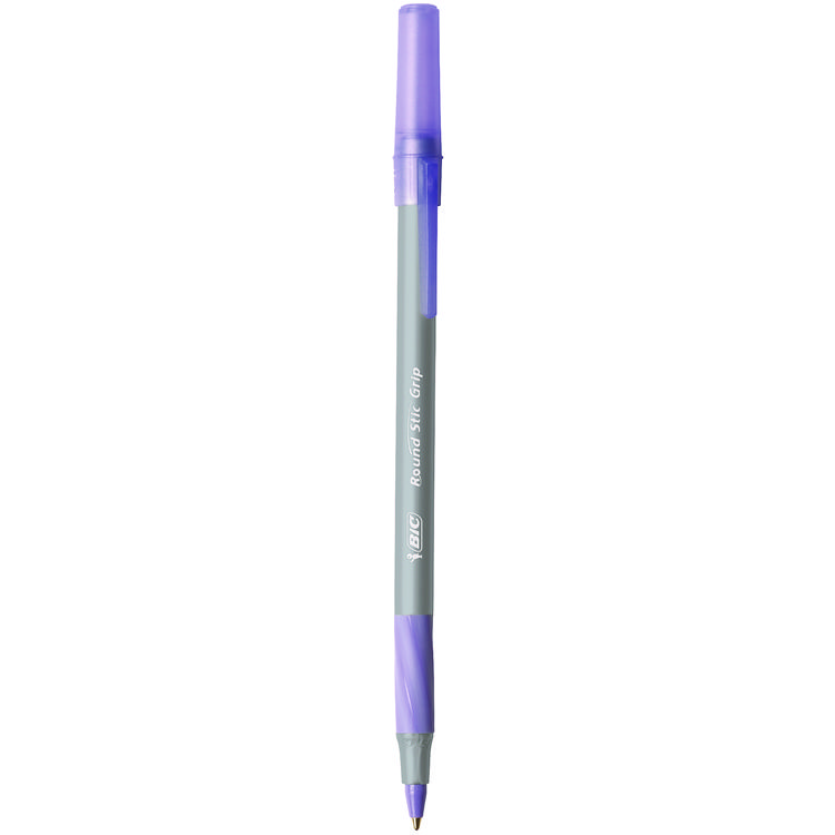 BIC Round Stic Grip Xtra Comfort Ballpoint Pen, Easy-Glide, Stick, Medium 1.2 mm, Purple Ink, Gray/Purple Barrel, Dozen (BICGSMG11PE)