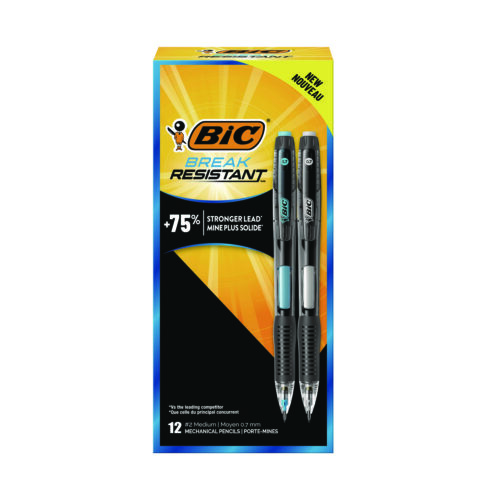 BIC Break-Resistant Mechanical Pencils with Erasers, 0.7 mm, HB (#2), Black Lead, Assorted Barrel Colors, 12/Pack (BICMV7PR11BLK)