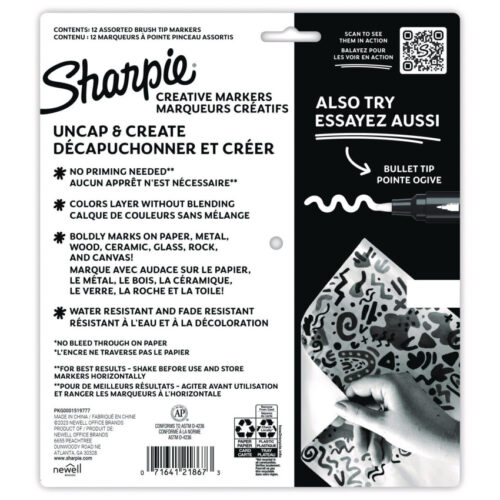 Sharpen your creativity with Sharpie Creative Markers! These acrylic markers have bright paint-like ink that flows effortlessly with the precision of a marker. The water based ink won't feather through paper, so your work remains clean. They produce rich marks on many surfaces, such as paper, metal, wood, ceramic, glass, rock, and canvas. Colors blend magnificently to provide depth to your art. No priming required—just remove the cap and begin! Marker Type: Permanent; Tip: Fine Brush; Color: Assorted; Pack of 12.