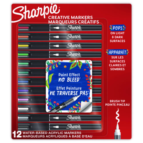 Sharpen your creativity with Sharpie Creative Markers! These acrylic markers have bright paint-like ink that flows effortlessly with the precision of a marker. The water based ink won't feather through paper, so your work remains clean. They produce rich marks on many surfaces, such as paper, metal, wood, ceramic, glass, rock, and canvas. Colors blend magnificently to provide depth to your art. No priming required—just remove the cap and begin! Marker Type: Permanent; Tip: Fine Brush; Color: Assorted; Pack of 12.