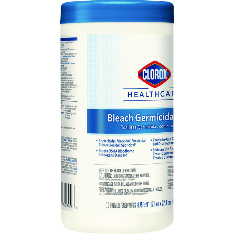 Clorox Healthcare Bleach Germicidal Wipes, 1-Ply, 6.75 x 9, Unscented, White, 70/Canister (CLO35309)